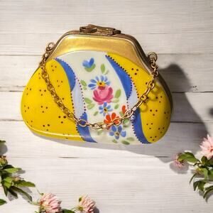Authentic Limoges Yellow and Blue Purse Trinket Box Ring Box Chain Handle Floral
